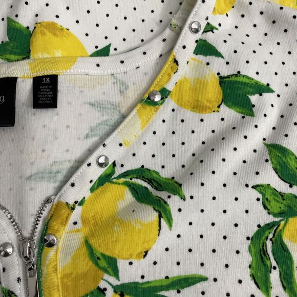 Rafaella Women's 1X White Lemon & Polka Dot Print Zip-Front Short Sleeve Top - Picture 4 of 10